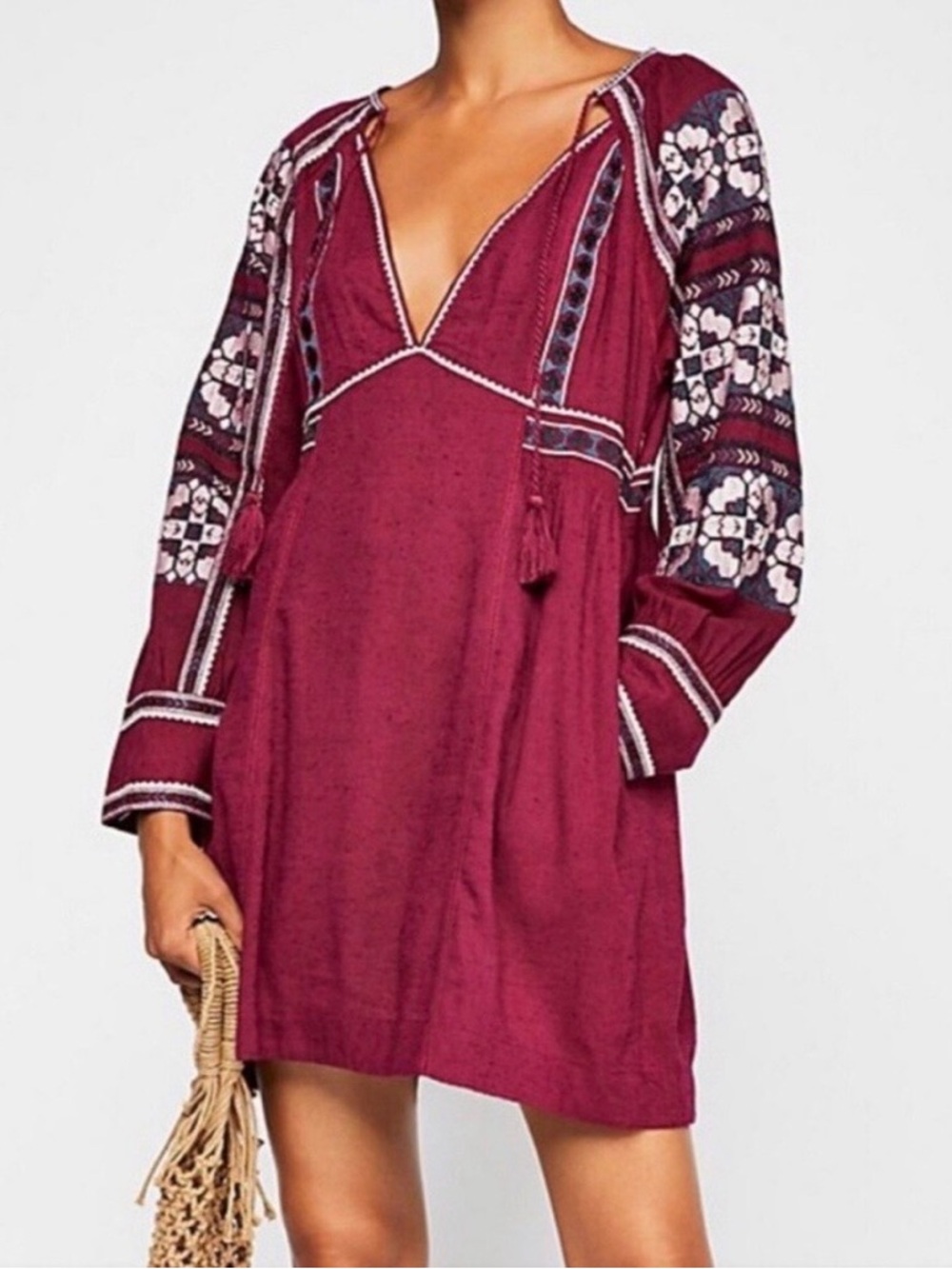 Free People All My Life Embroidered Long-Sleeve Tunic Dress in Purple/Berry (XS)